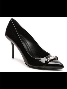 Gucci Molaita Black Patent Leather Nameplate Pump Shoes Sz 7 US/ 37 EU